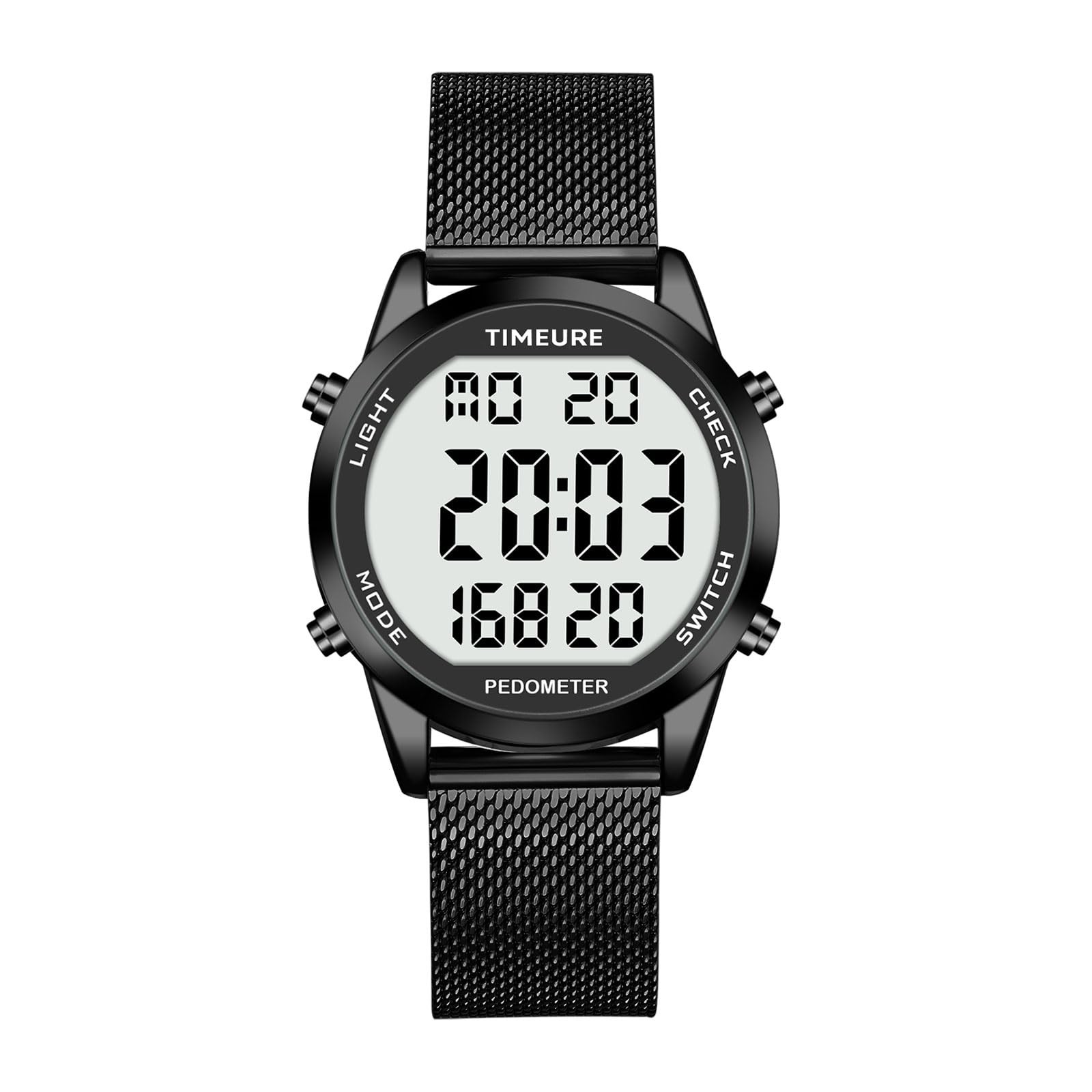 Men’s Pedometer Watch Black Stainless Steel Mesh Band No App
