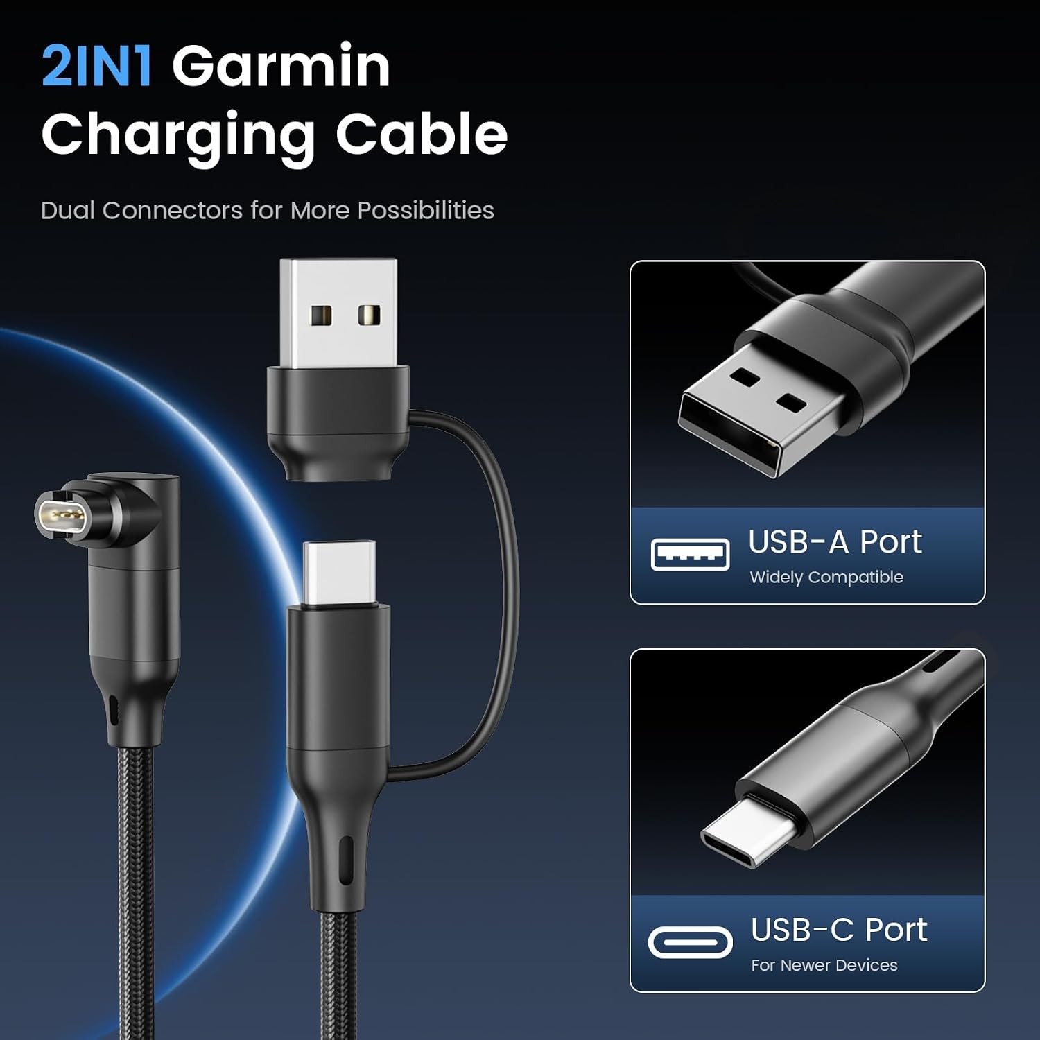 2-in-1 Charger Cable for Garmin Watch, L-Shape USB C Power Cord, 6.6ft