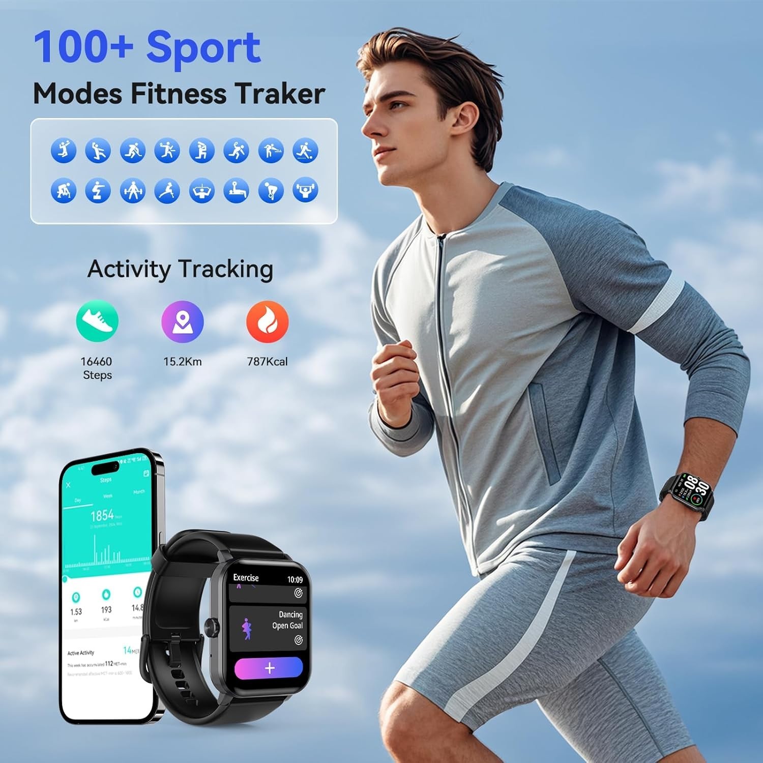 “1.85” HD Screen Smart Watch, Waterproof Fitness Smart Watches for IOS Android