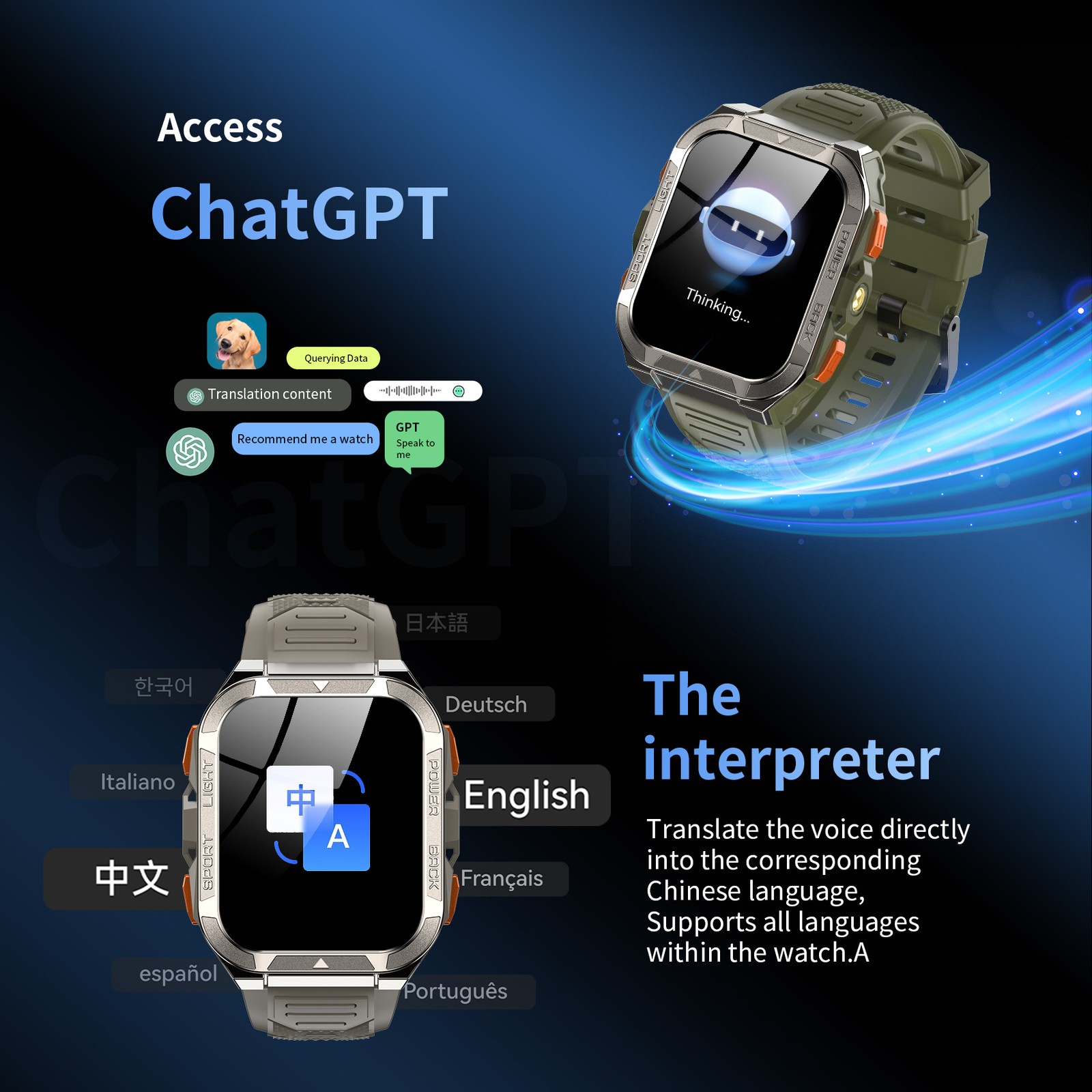Military Smart Watch Built-in GPS ChatGPT AI 900mAh LED Bluetooth Black Open Box
