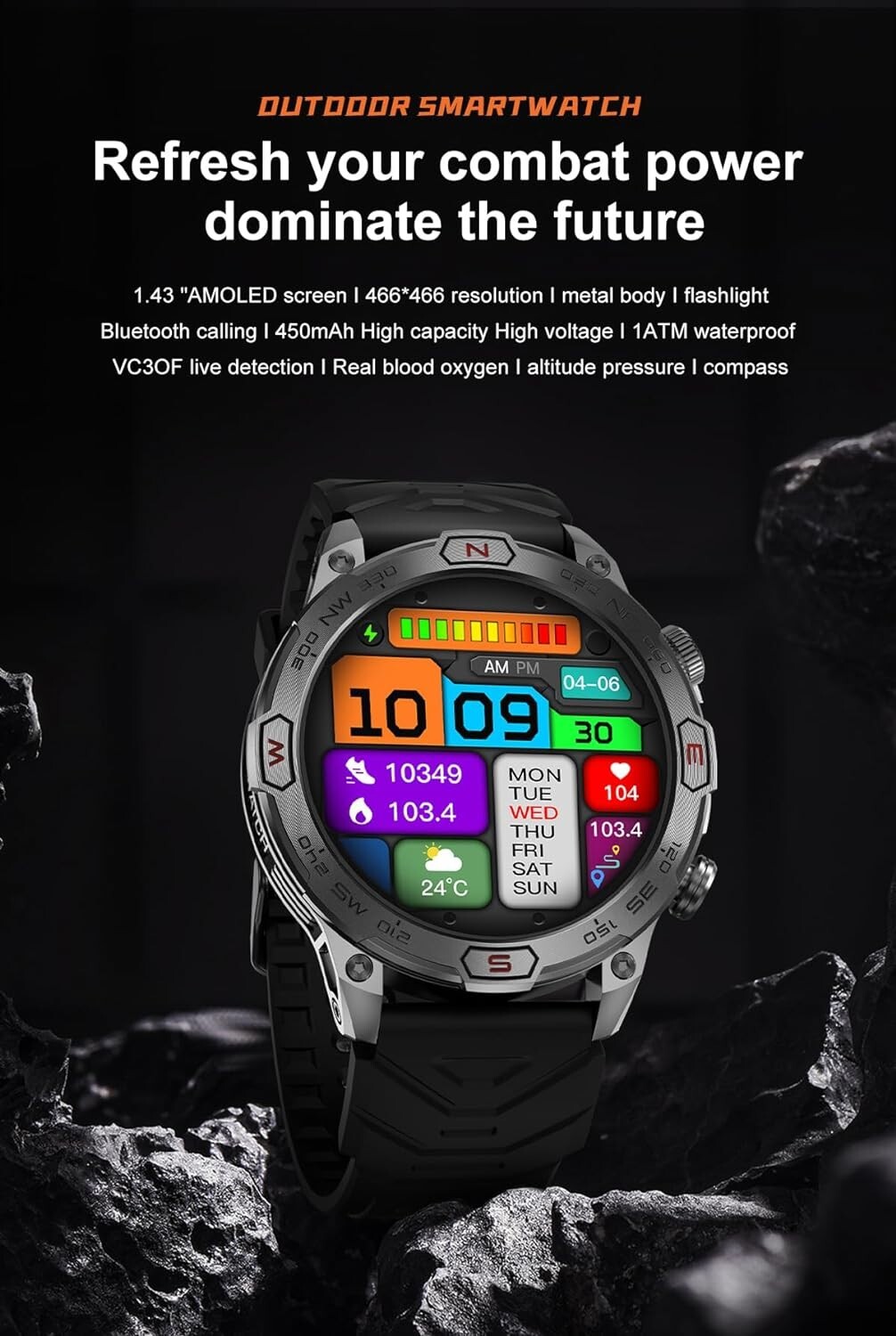 Military & Fitness Smart Watch LED Flashlight Make/Answer Call 1.43″ HD Screen