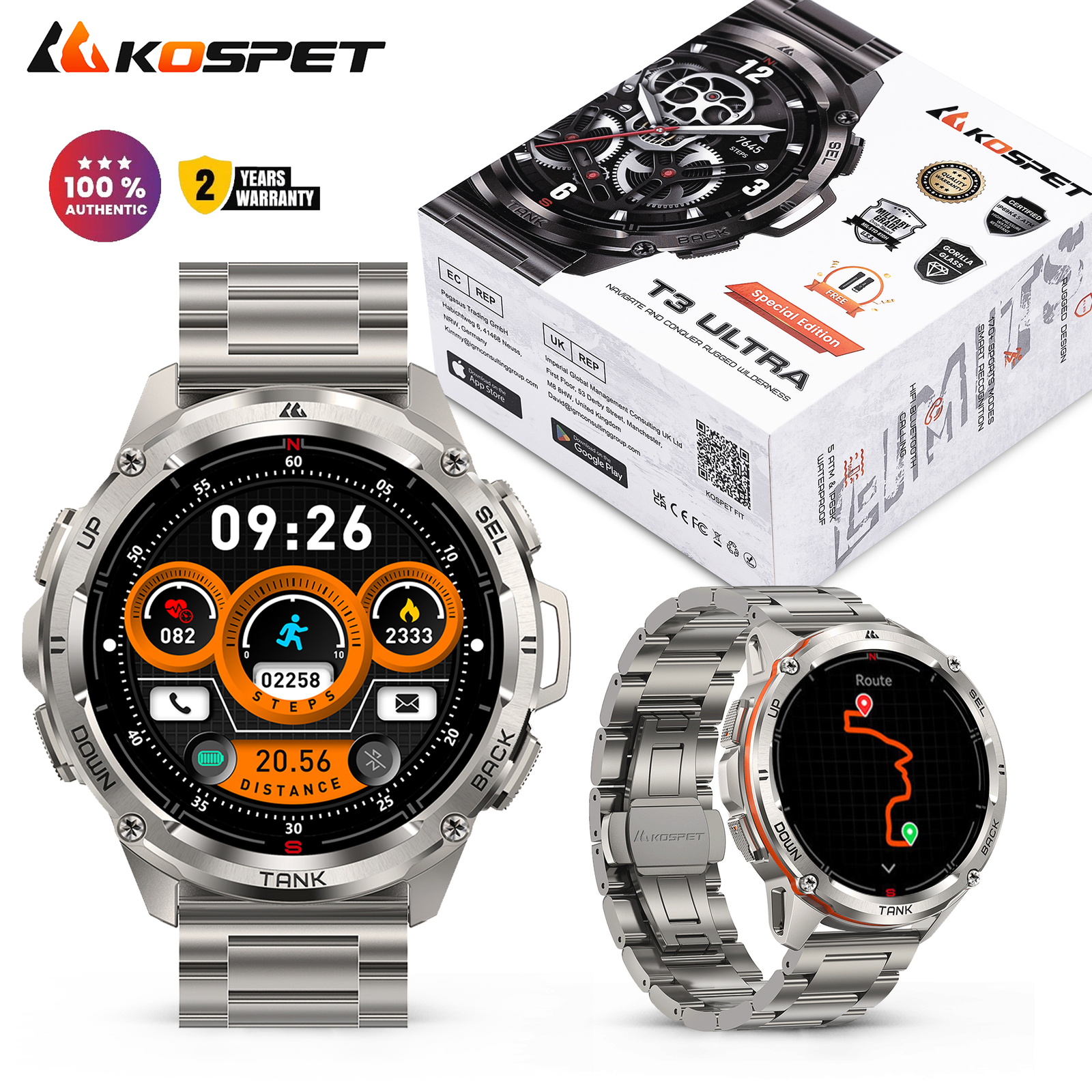 KOSPET TANK T3ULTRA Military GPS Smart Watch Men Rugged Tactical Fitness Tracker