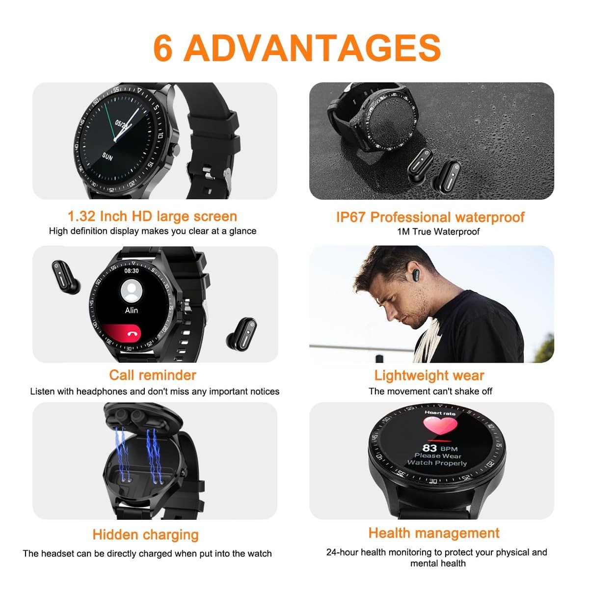 with Earbuds, 1.32 Inch Round Fitness Watch X10, 2 in 1 Bluetooth Watch with …