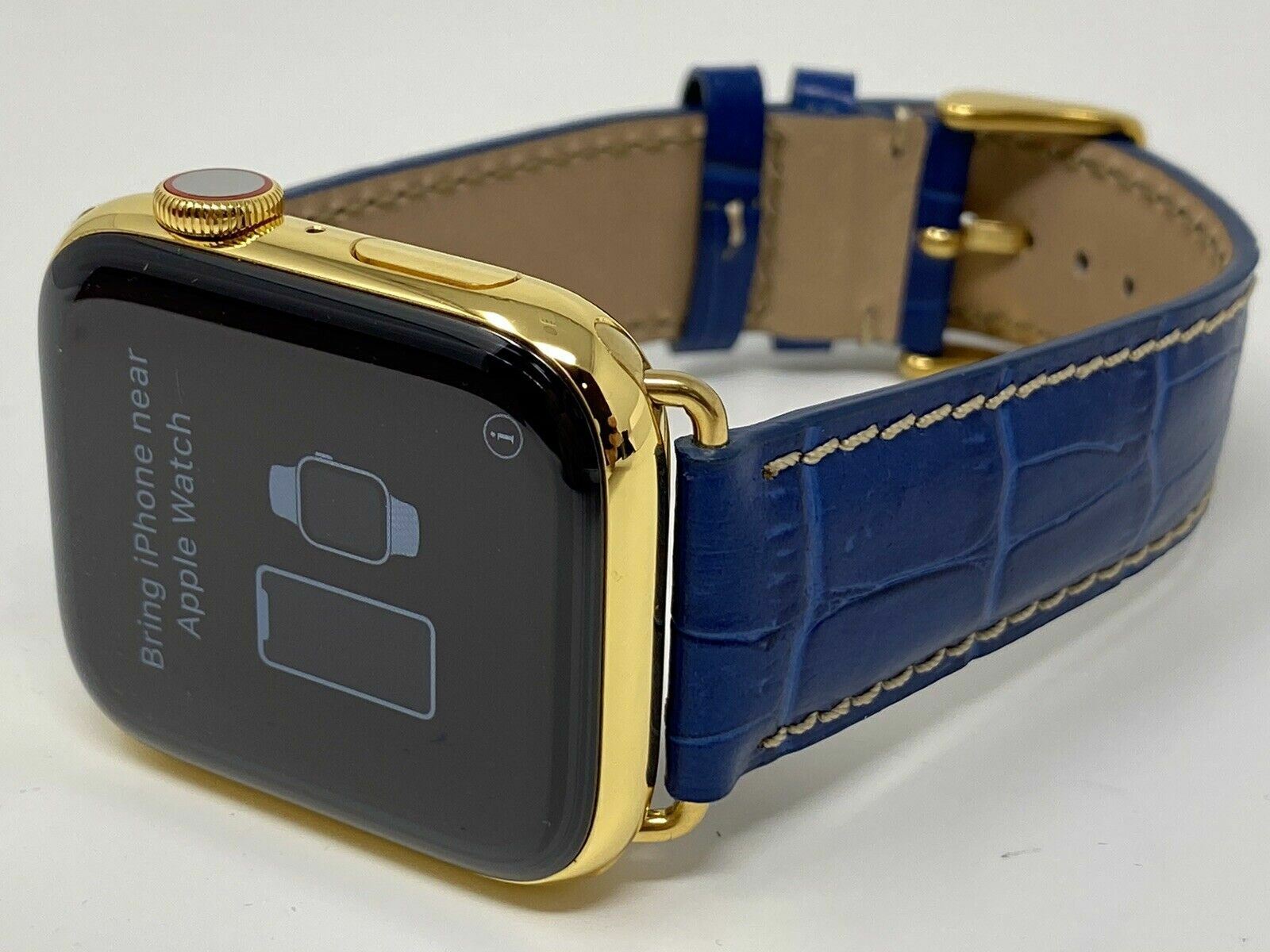 24K Gold Plated 44MM Apple Watch SERIES 5 Stainless Steel Blue Band GPS LTE