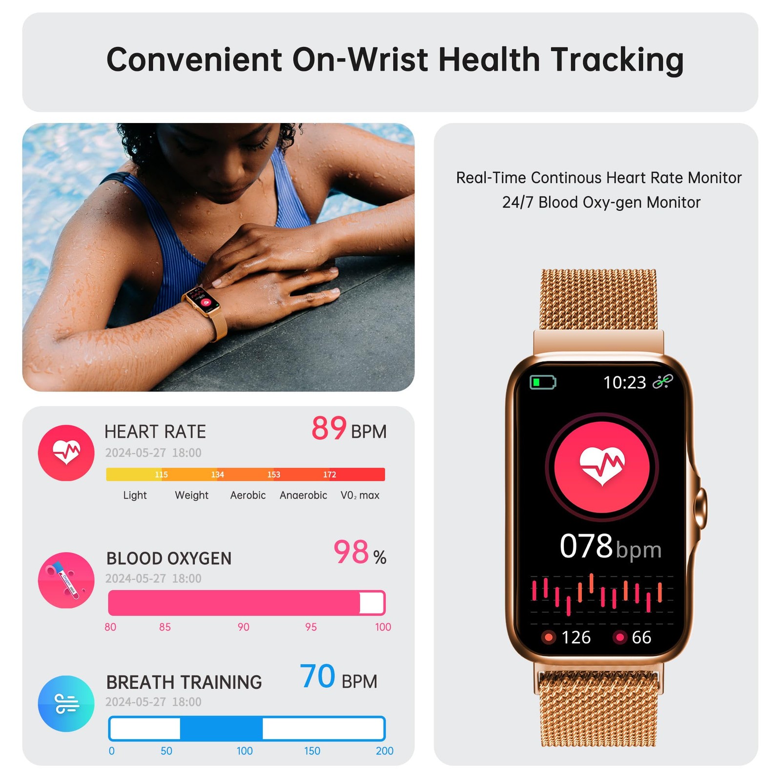 Sunorshop Fitness Tracker Smart Watch Pink Gold