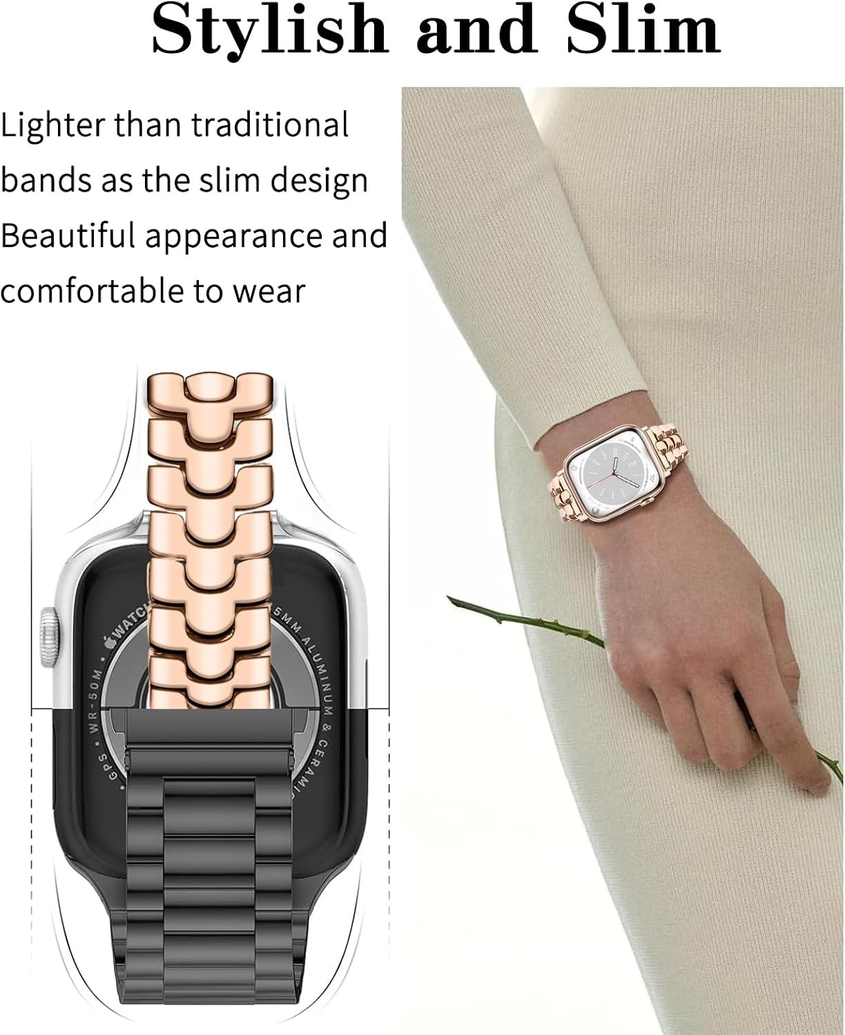 Thin Metal Band for Apple Watch 38mm 40mm 41mm 42mm 44mm 45mm 49mm, Slim Strap