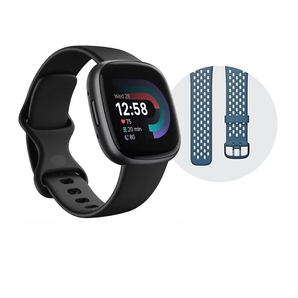 Fitbit Versa 4 Fitness Smartwatch Bundle – Black/Graphite + sapphire/grey band