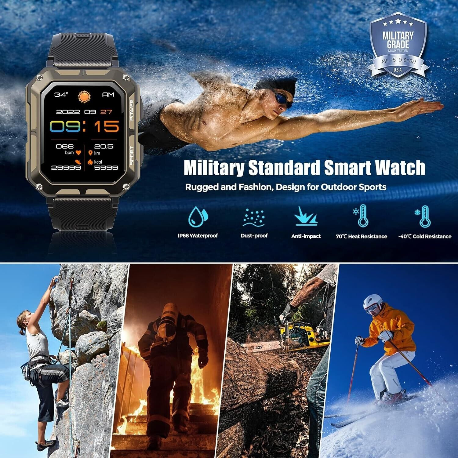 2024 New Blood Pressure Smart Watch Men Military Fitness Tracker Wristwatch