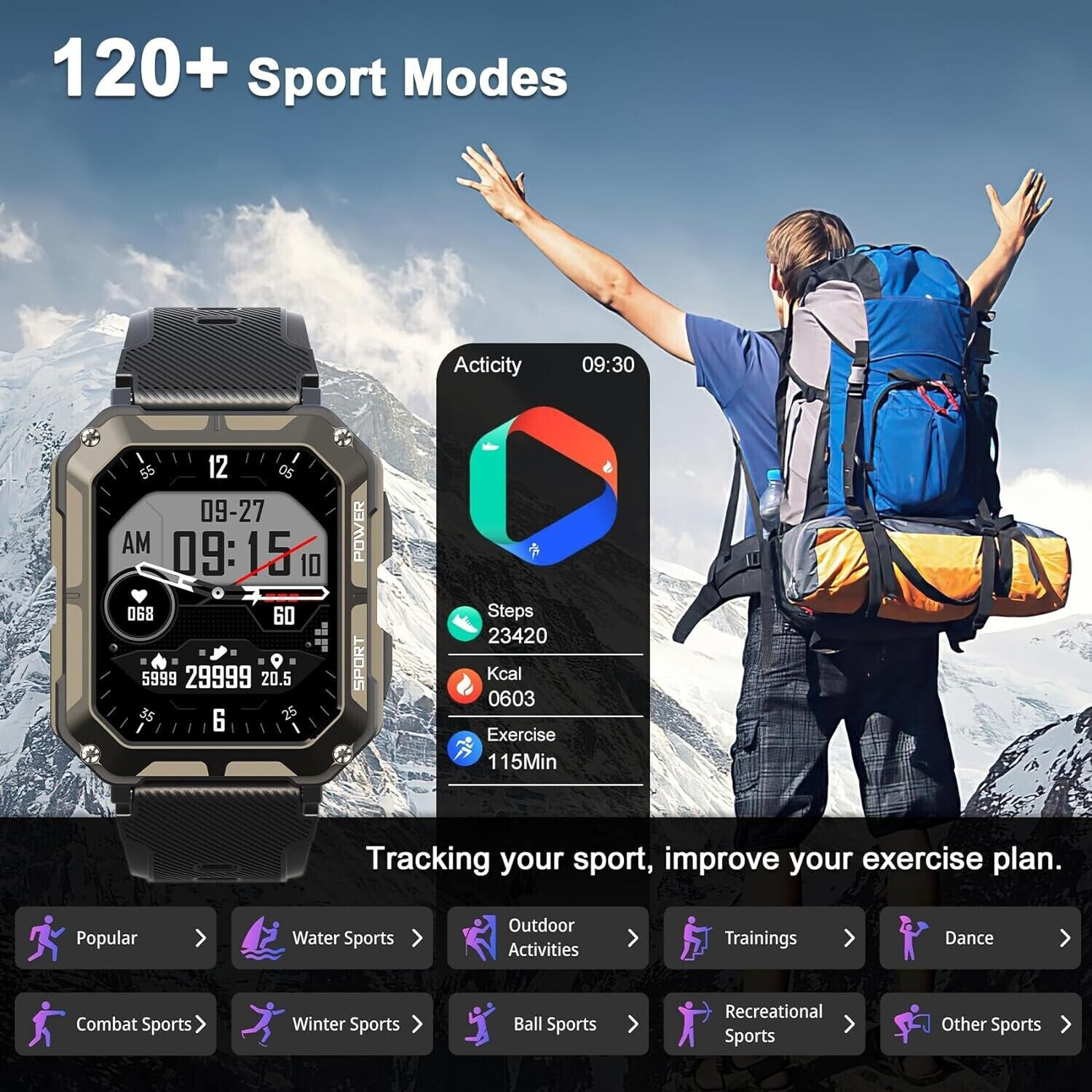 2024 New Blood Pressure Smart Watch Men Military Fitness Tracker Wristwatch