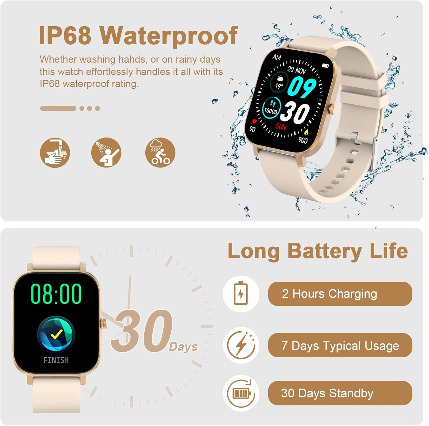 1.69 Inch Smart Watch Fitness Tracker IP68 Heart Rate Sleep Monitor Gold