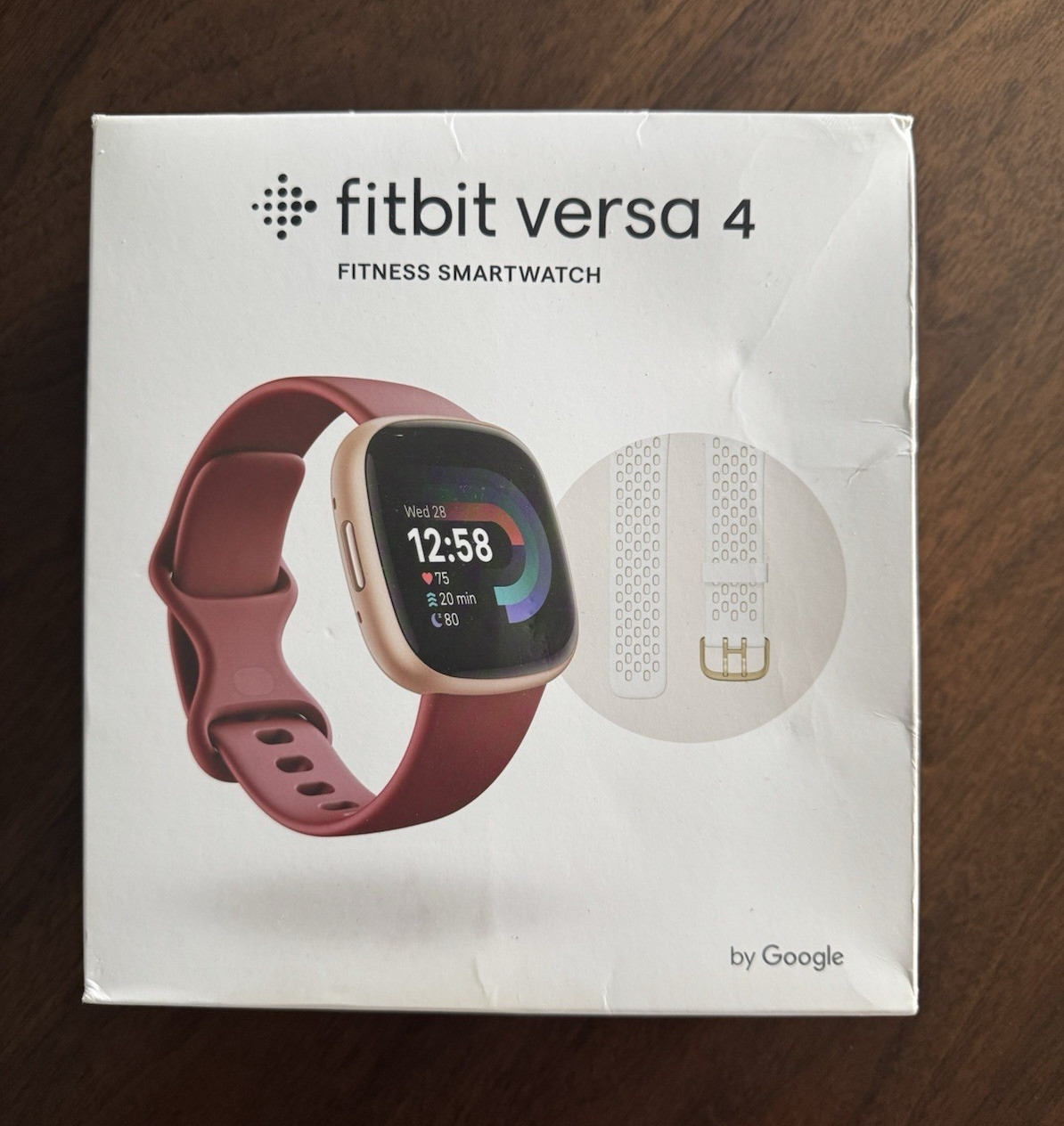 Fitbit Versa 4 Copper Rose Aluminum Beet Juice Silicone Band w/ Frost White Band