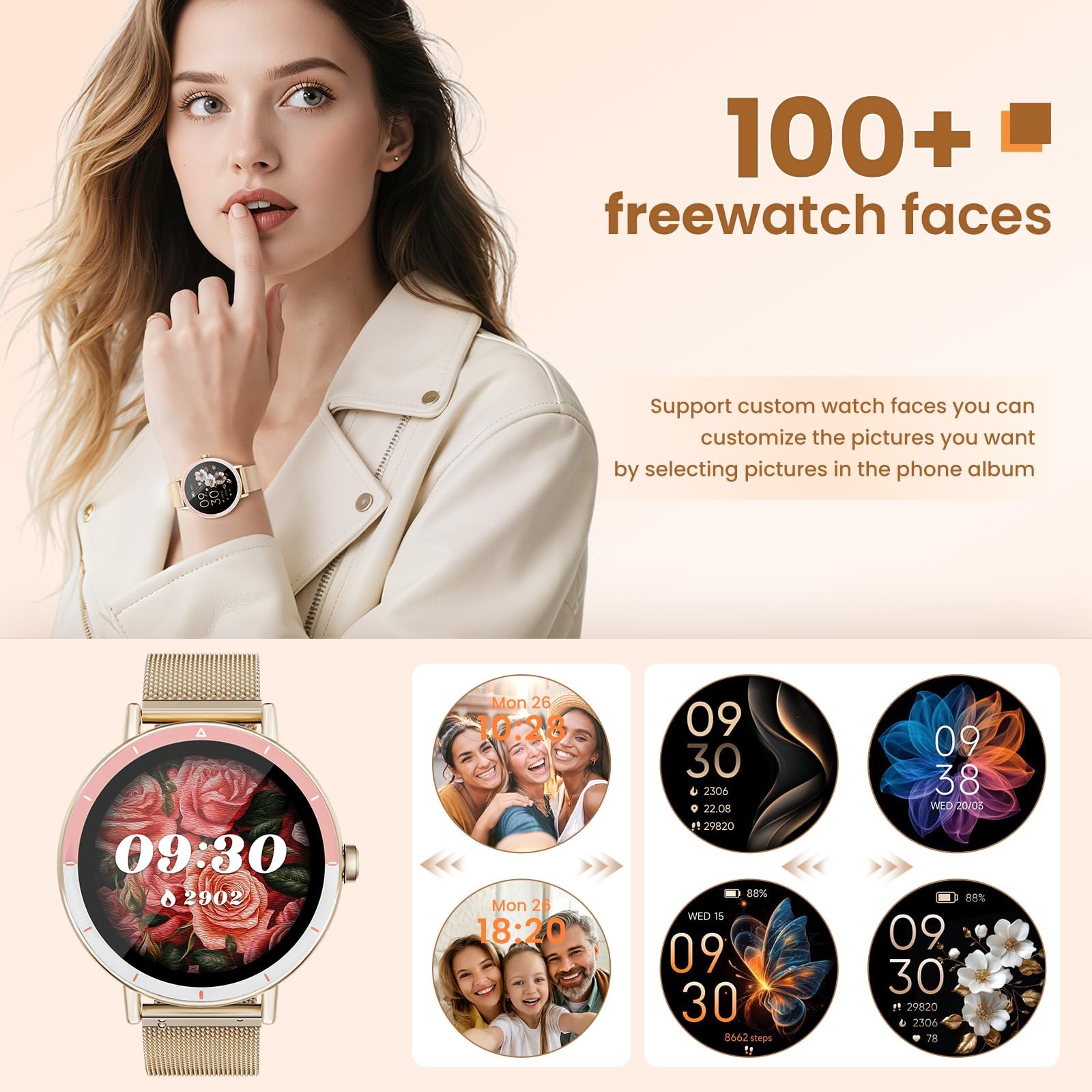 KEEPONFIT Smart Watches for Women Android/iPhone, IP68 Medium, Gold Pink