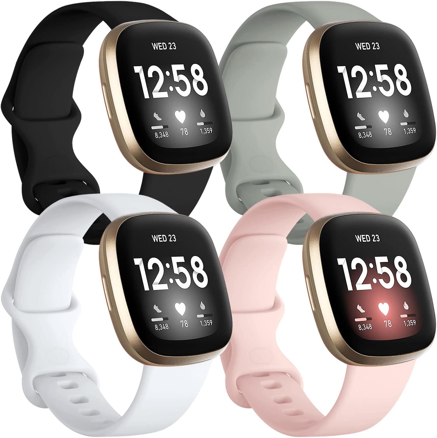 Silicone Strap Compatible with Fitbit Sense 2 and Versa 4, Small Black/Gray/Pink