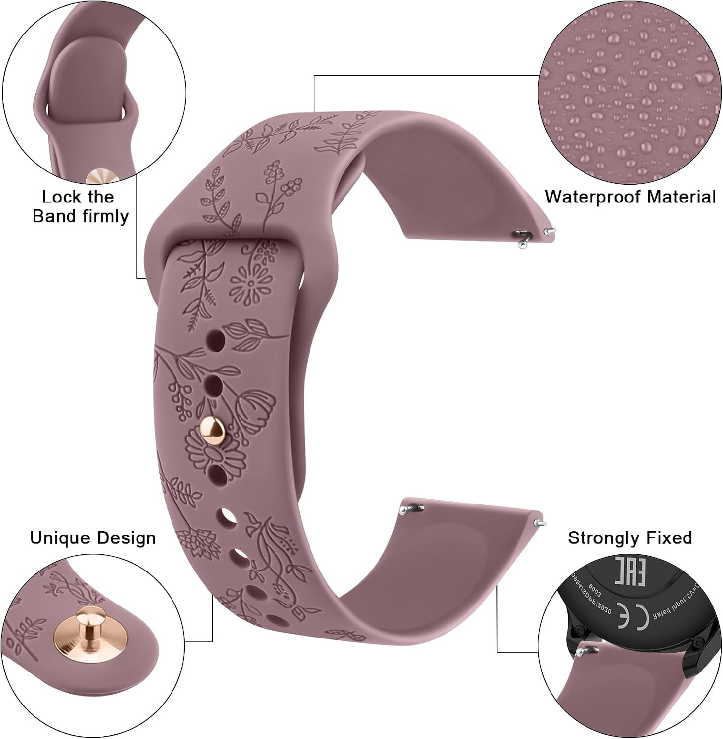 Silicone Strap Compatible with 20mm 22mm Watches Floral Engraved Soft Rubber