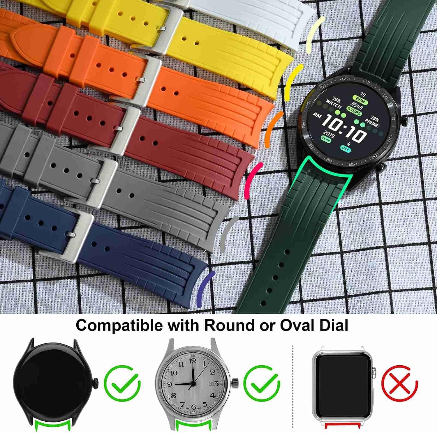 22mm Silicone Watch Band for Curved End Watches, Silver Buckle, Silky Touch