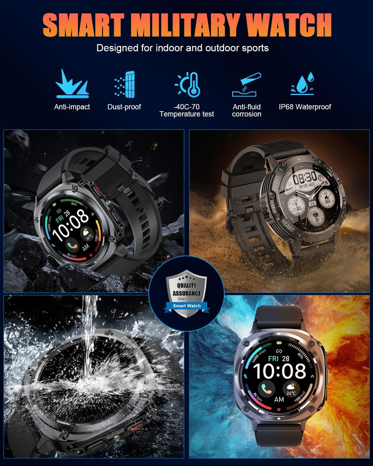 Military Smart Watches for Men(Answer/Make Calls), 1.39″ HD Fitness Watch, 24/7
