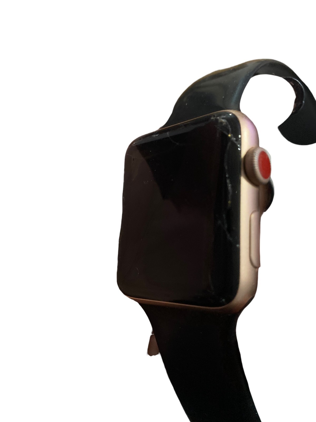 Apple Watch Series 3 42mm Gold Aluminum Case Black Band A1859 Cracked Screen