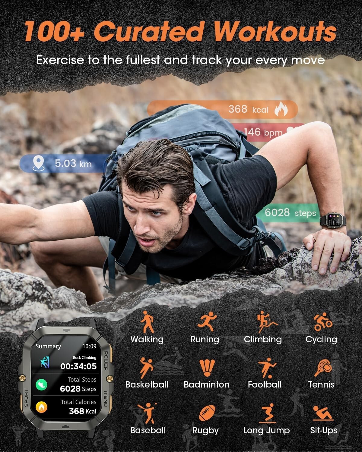 Rugged Military Smartwatch: Waterproof Fitness Tracker with 100+ Sport Modes
