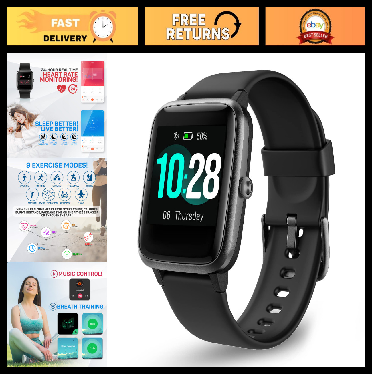 Smart Watch with Heart Rate Monitor, Sleep Tracker, IP68 Waterproof Fitness Trac