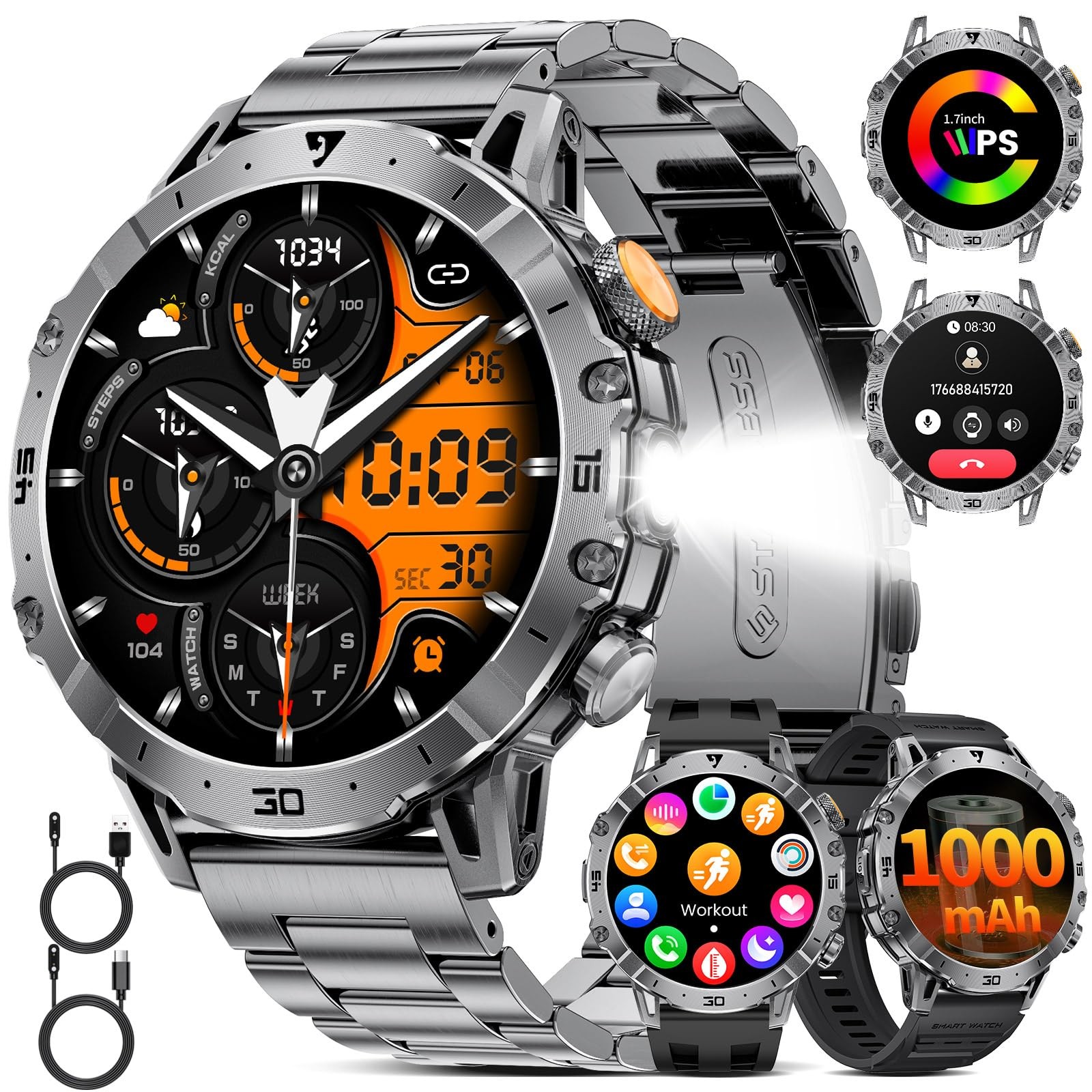 Smart Watches for Men 1000mAh Battery/Flashlight/3 men’s standard, Black