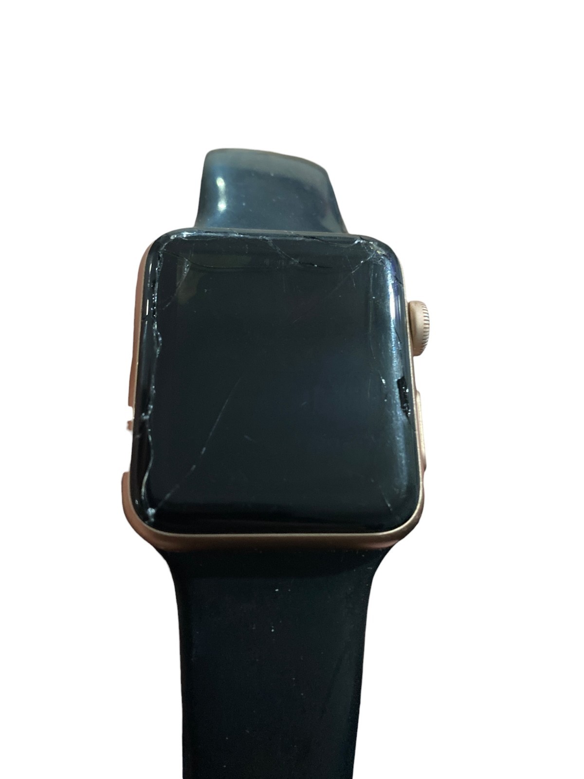 Apple Watch Series 3 42mm Gold Aluminum Case Black Band A1859 Cracked Screen