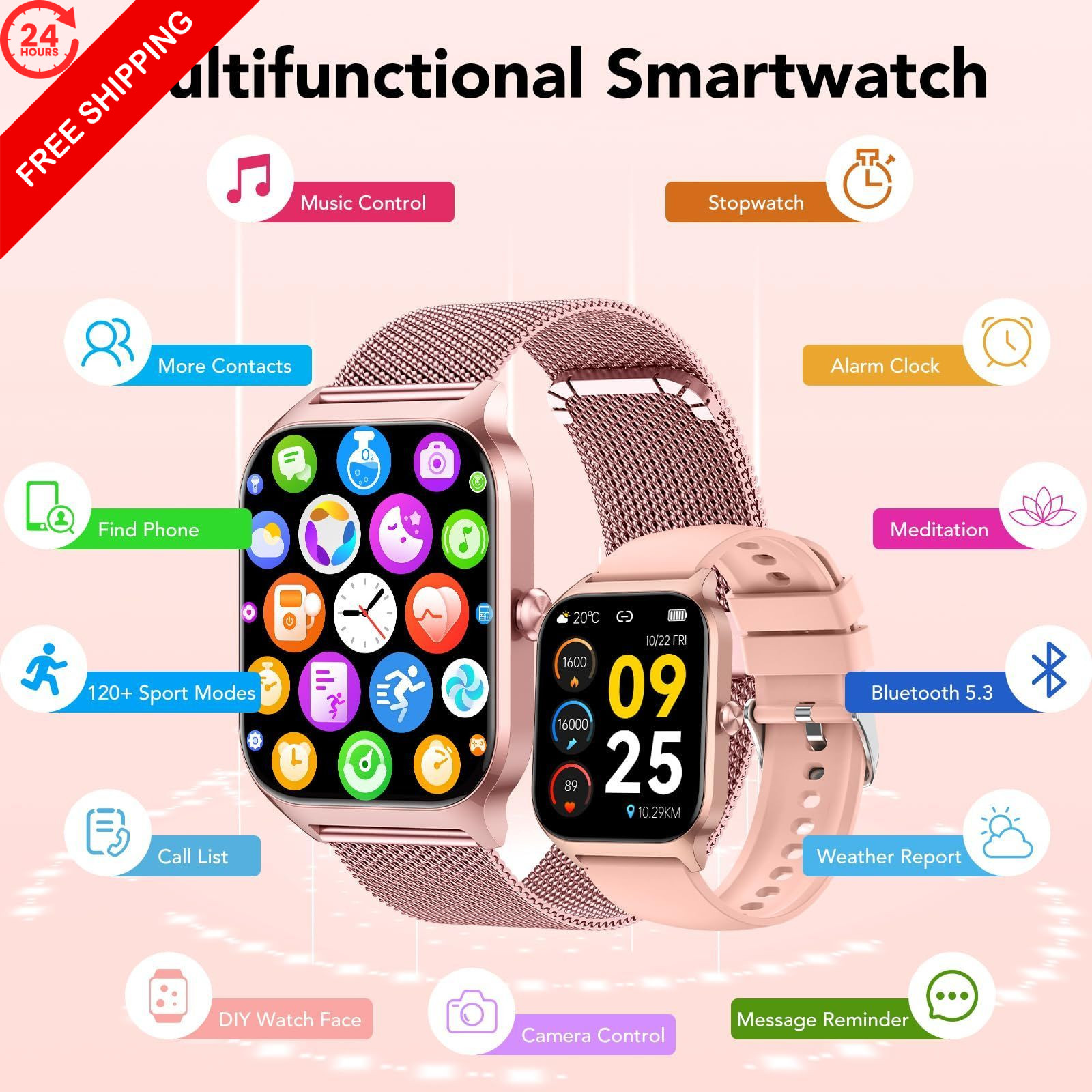 CASCHO Smart Watch for Women (2 Bands), Bluetooth Call No, Rose Gold