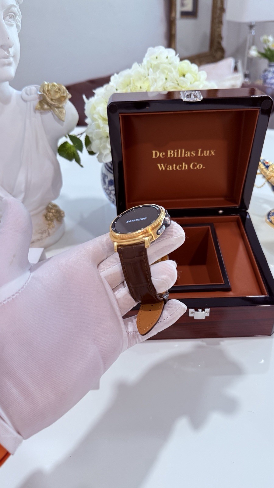 Custom 24k Gold Plated Samsung Galaxy Watch 8 Classic Brown Band GPS LTE