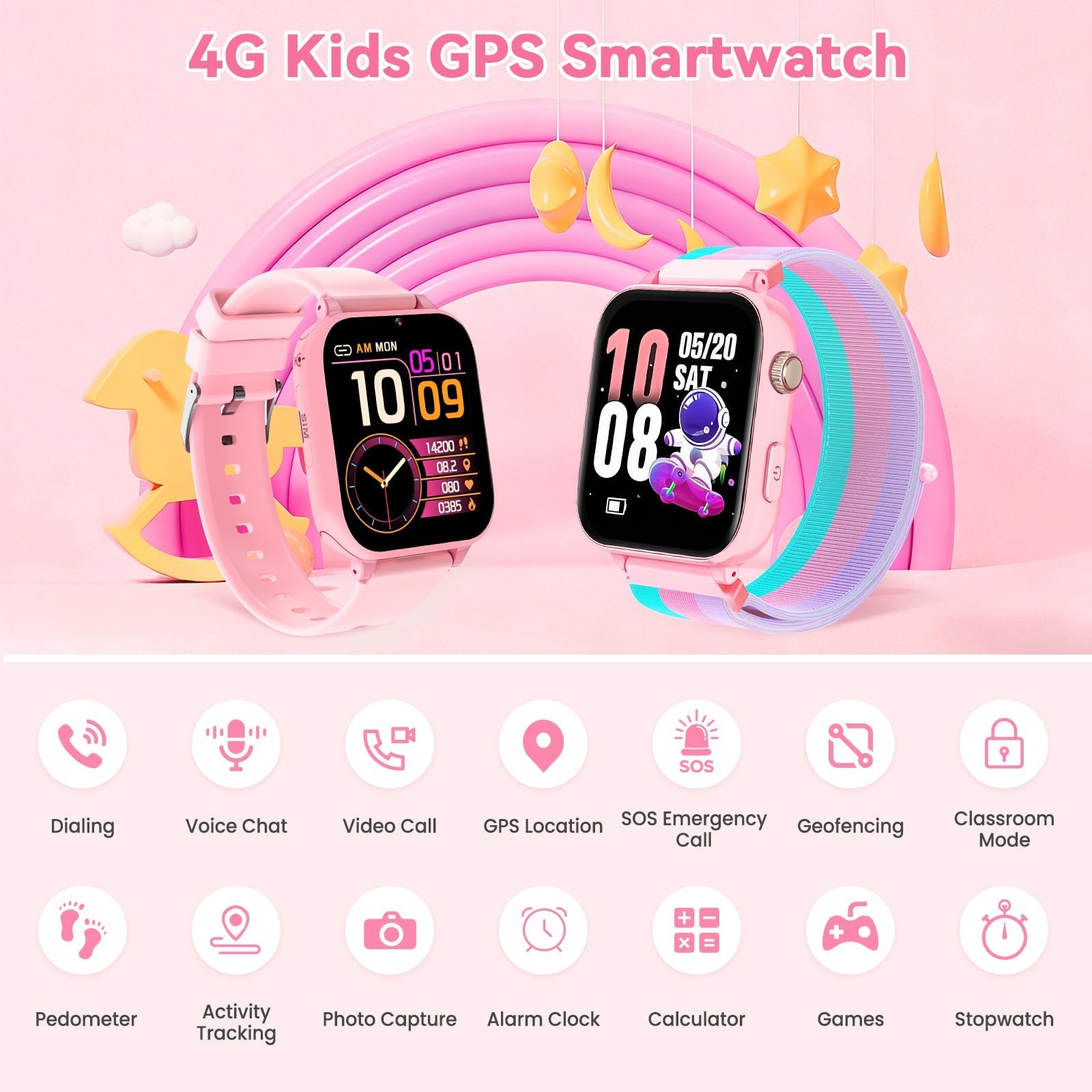 4G Kids Smart Watch Phone GPS, Video Call, SOS, Games, Touch Screen – Pink