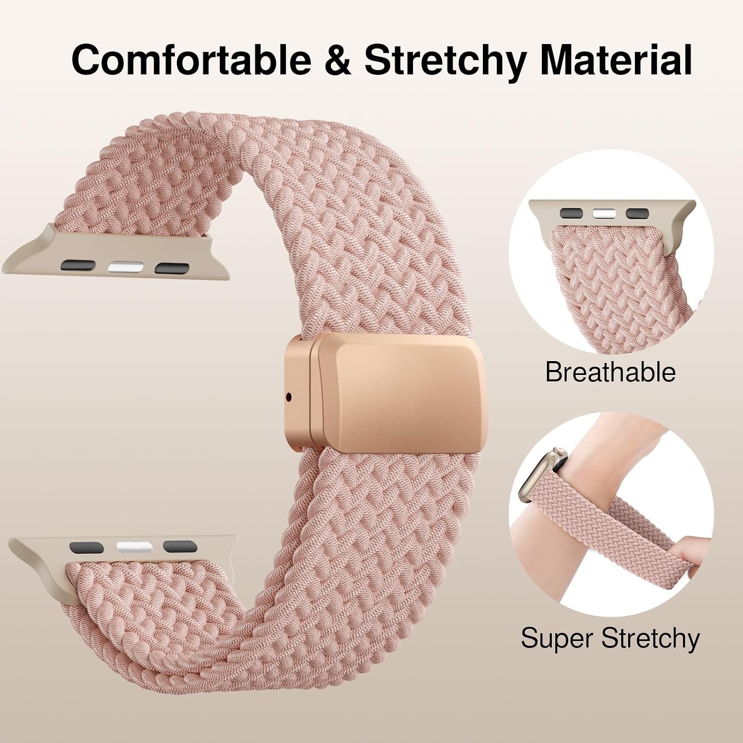 Pink Sand Braided Stretchy Band for Apple Watch Series 7 41mm, Soft Nylon Strap