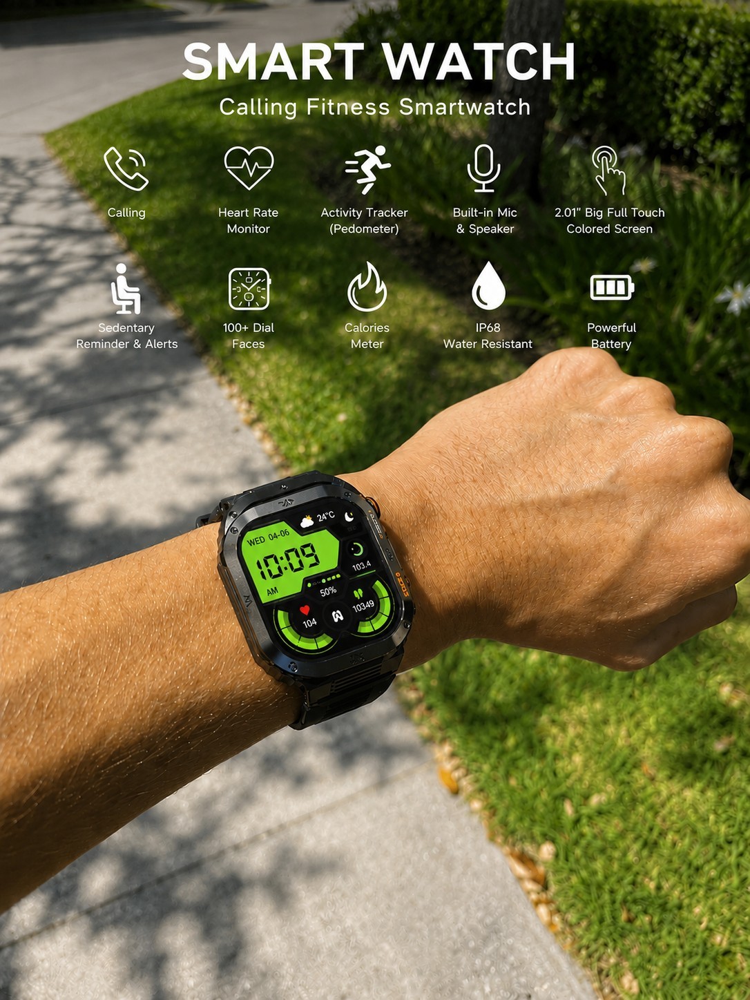Calling Fitness Smartwatch 2.01in Touch Call Alert HR Pedometer Sleep, Black