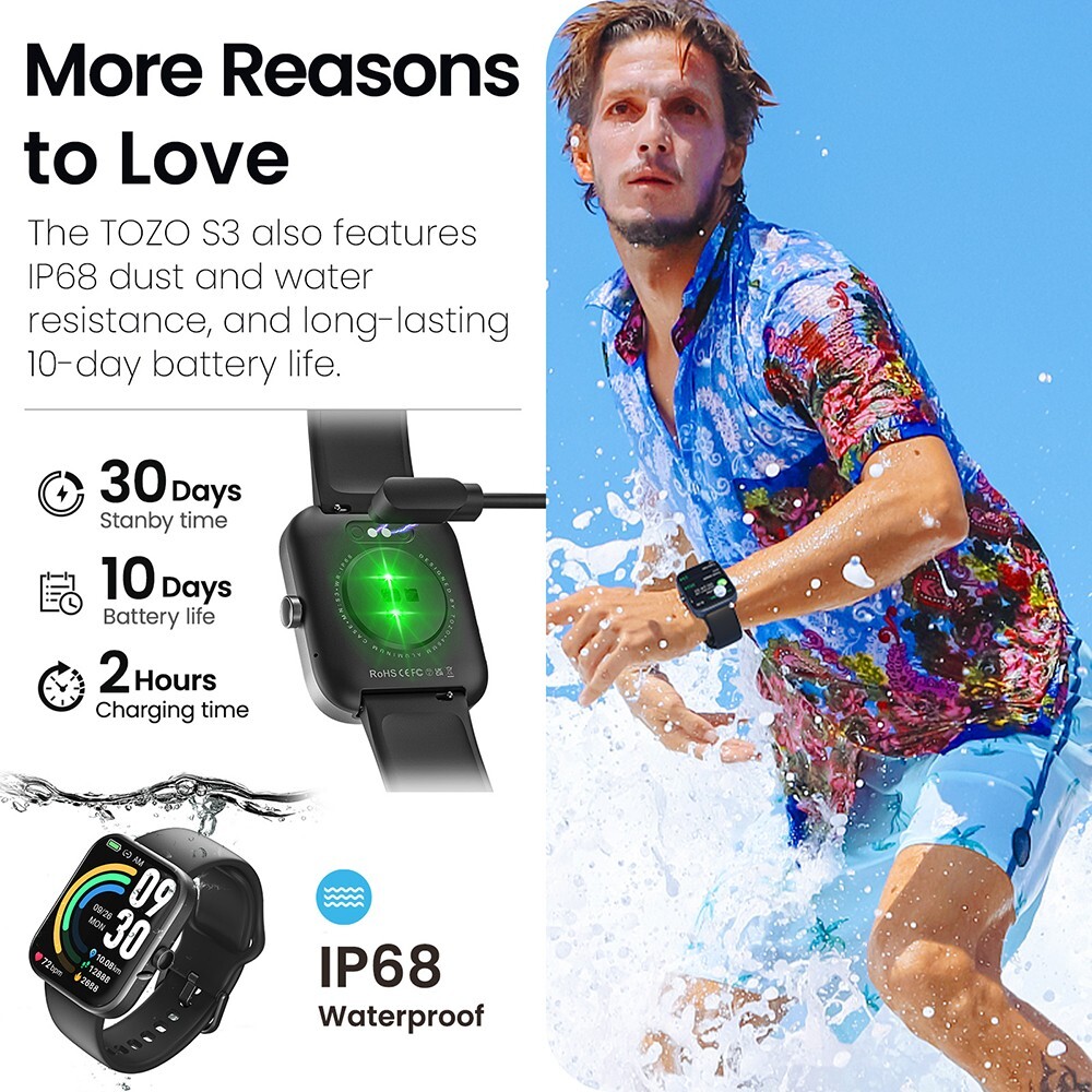TOZO S3 Smart Watch 1.83″ Touch Screen Fitness Tracker IP68 Waterproof