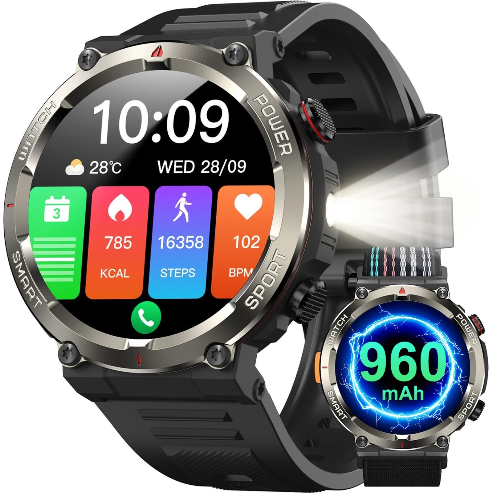 Tactical Smart Watch for Men, 1.45″ Fitness Tracker, IP68 Waterproof, Heart Rate