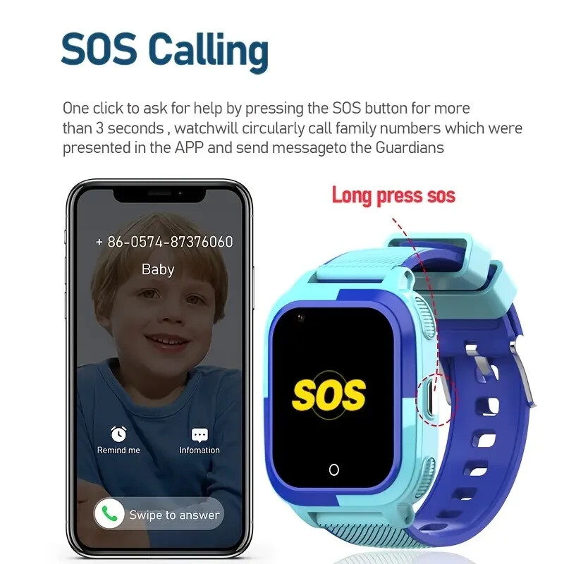 4G Kids Smart Watch Phone Video Call GPS+WIFI IP67 Waterproof SOS Call Black
