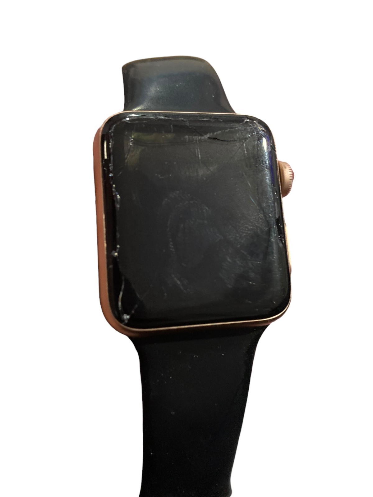 Apple Watch Series 3 42mm Gold Aluminum Case Black Band A1859 Cracked Screen
