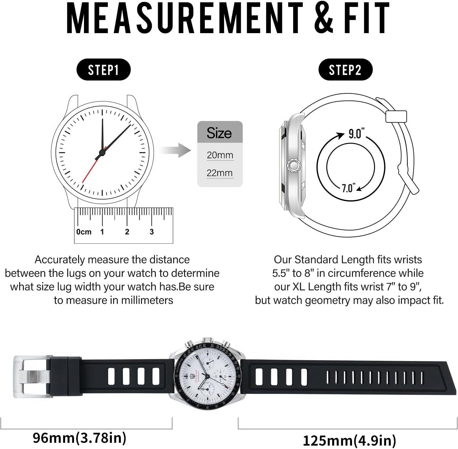 Strap Only For 20mm 22mm Waterproof Soft Watch Bands with Solid Stainless Buckle