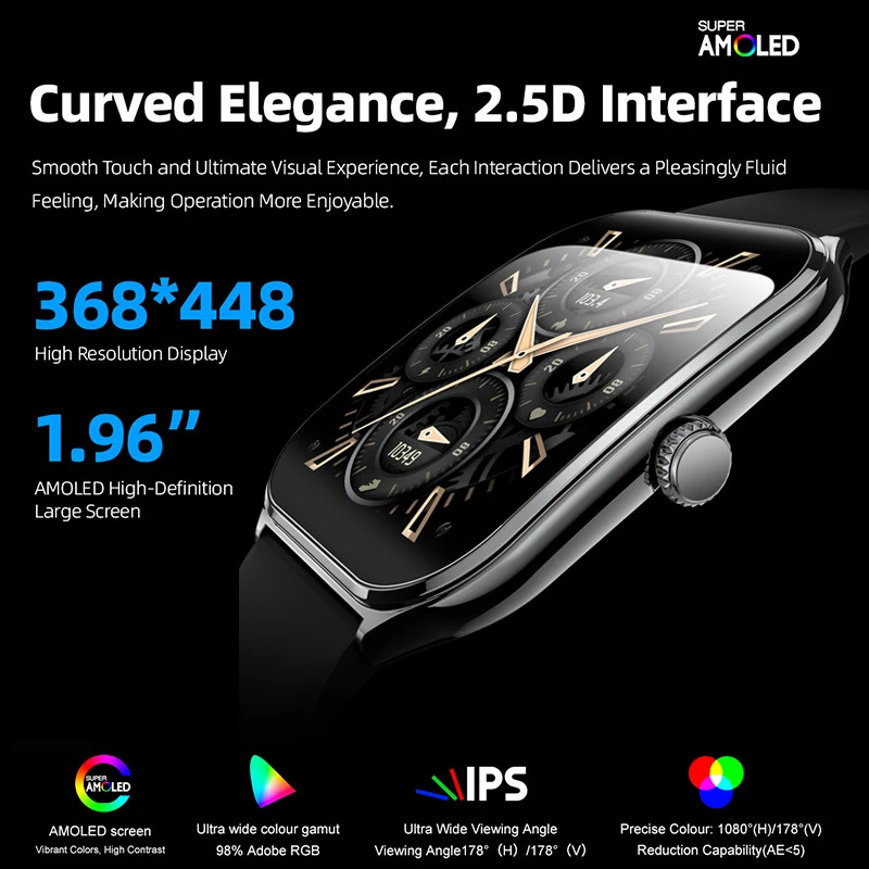 BOXUXING Smart Watch 1.96in AMOLED Bluetooth Call 70+ Sports Modes Waterproof