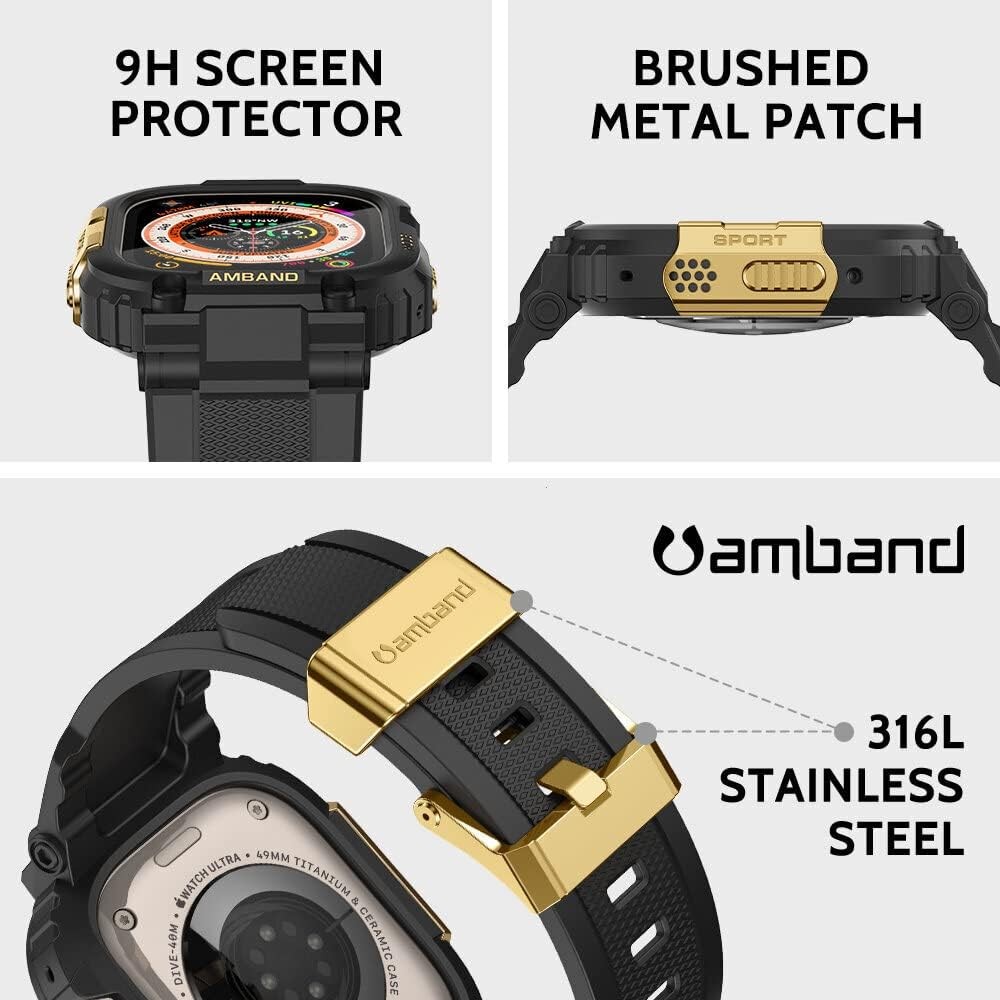 Heavy Duty Tactical Strap Compatible with Apple Watch Ultra 49mm – Black Gold