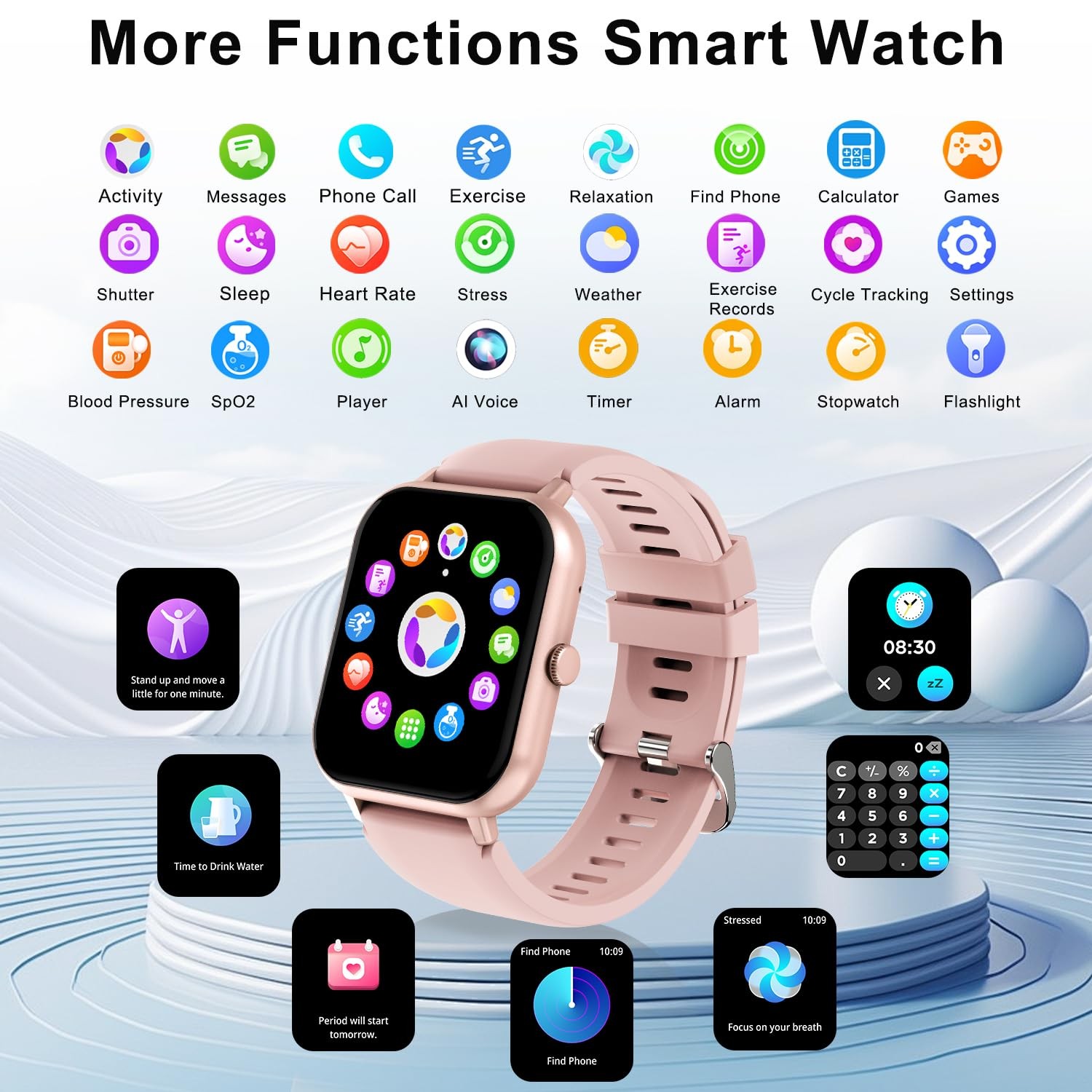 Smart Watch 1.83 Inch Touchscreen IP68 Waterproof Fitness Tracker Pink Call Sync