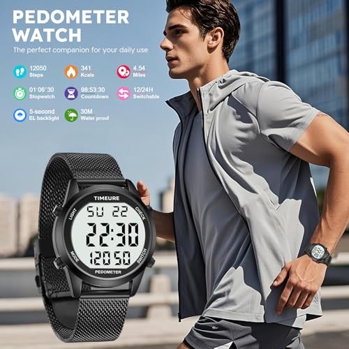 Men’s Pedometer Watch Black Stainless Steel Mesh Band No App