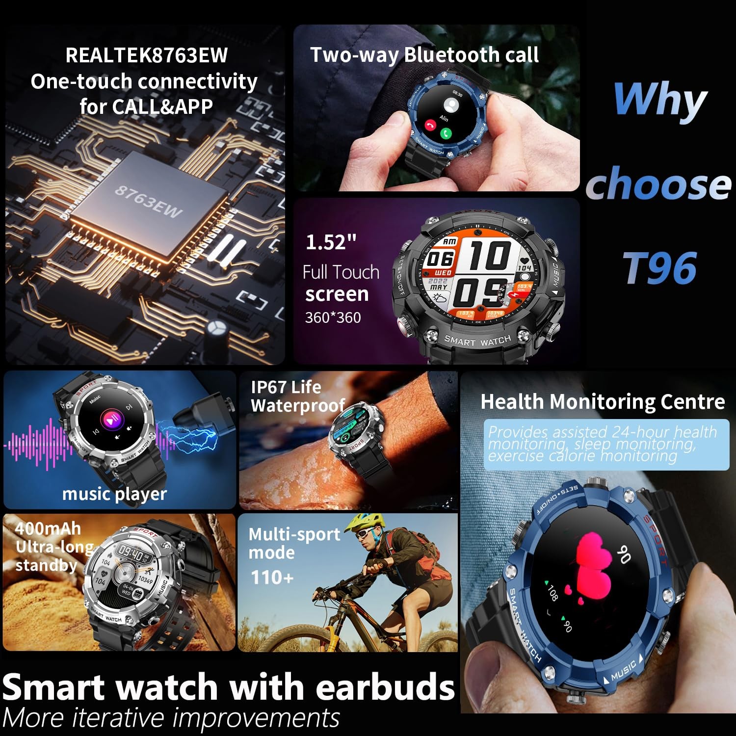 Ypsdoowkj Smart Watch Earbuds Men Women1.52 Hd Screen9D Soundfitness Sleep