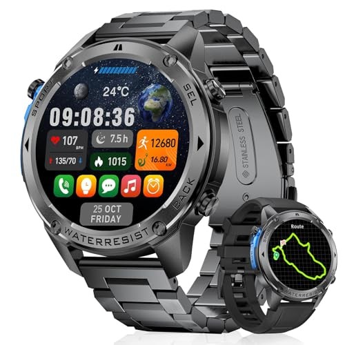 GPS Smart Watch for Men Military Rugged Smartwatches,Compass,50M Black