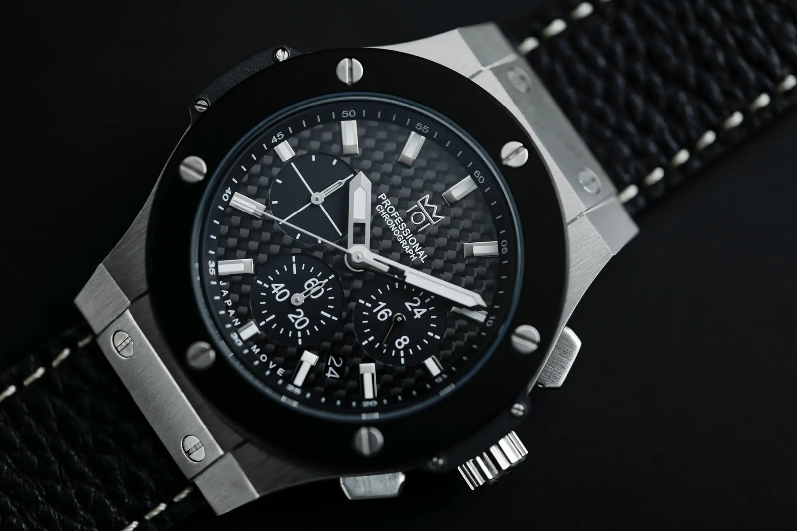 NEW HYAKUICHI 101 No.8L Chronograph Silver Black Carbon Black Leather Belt