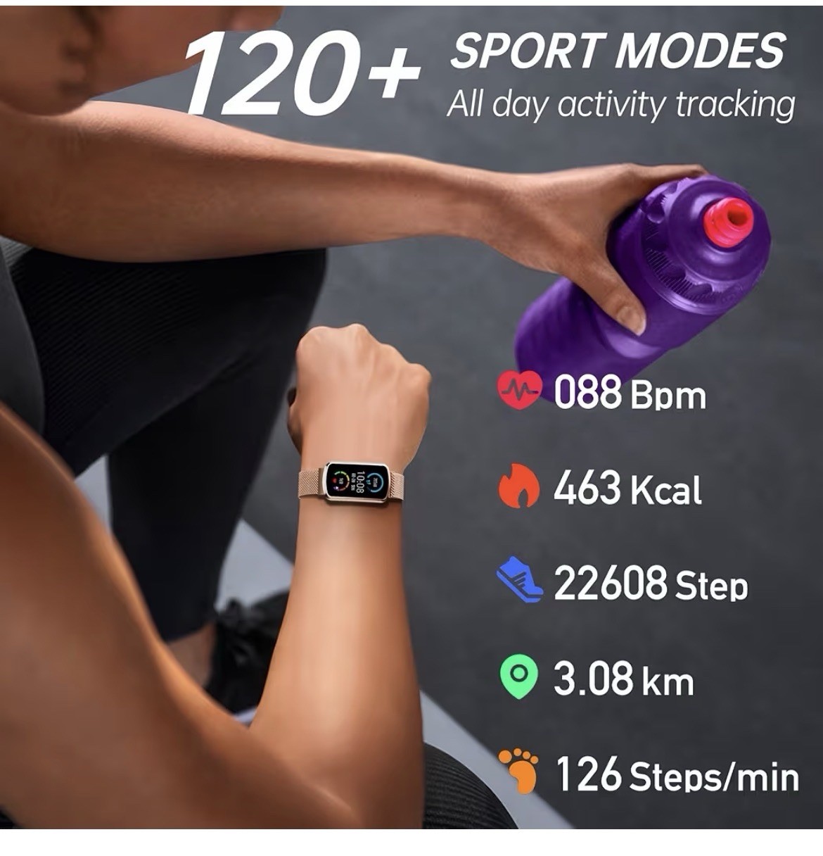 Smart Fitness Watch 30mm Rose Gold Metal Case SS Mesh Band HR Sleep Waterproof