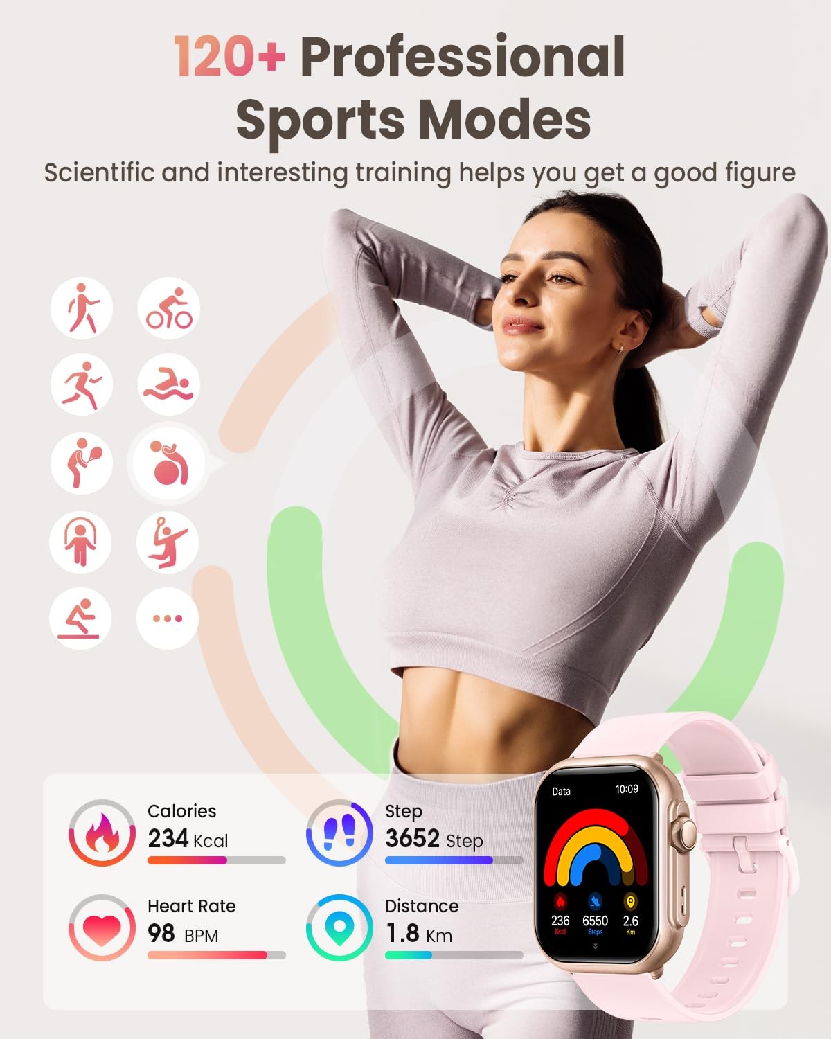 Smart Watch for Women Men Fitness: 1.85, Gold-Pink