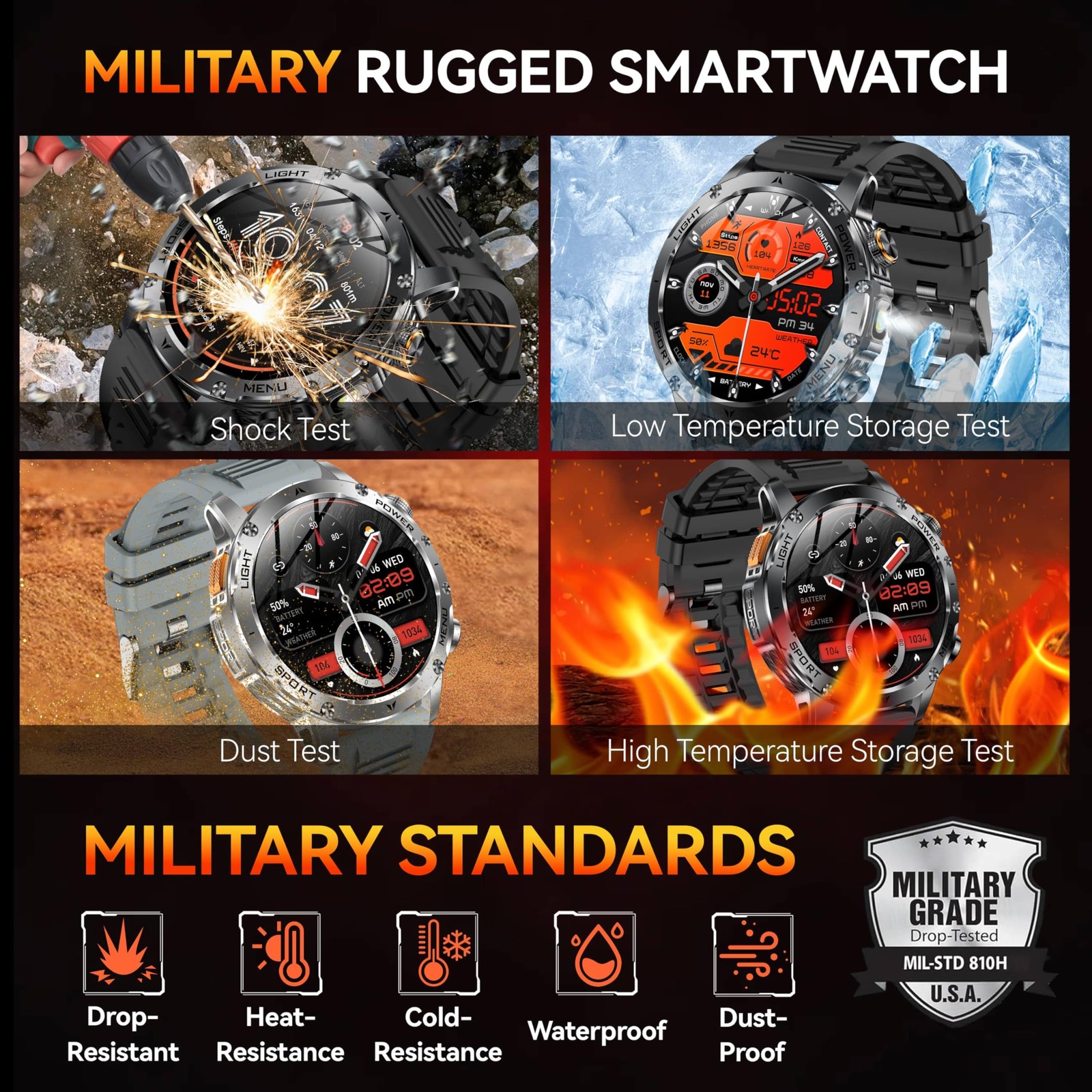KPEP Military Smart Watches for Men with 2 Straps, 1000mAh Battery/LED Flashligh