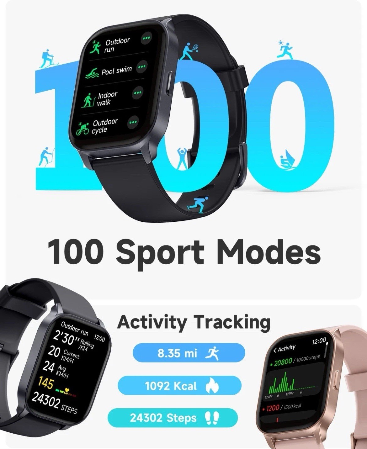 TOOBUR Smart Watch For Men/Women, Waterproof Smartwatch Bluetooth IP68 Waterproo