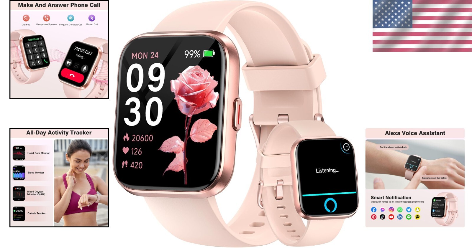 Elegant 1.8” HD Smartwatch for Women – Alexa, Bluetooth Calls, Waterproof