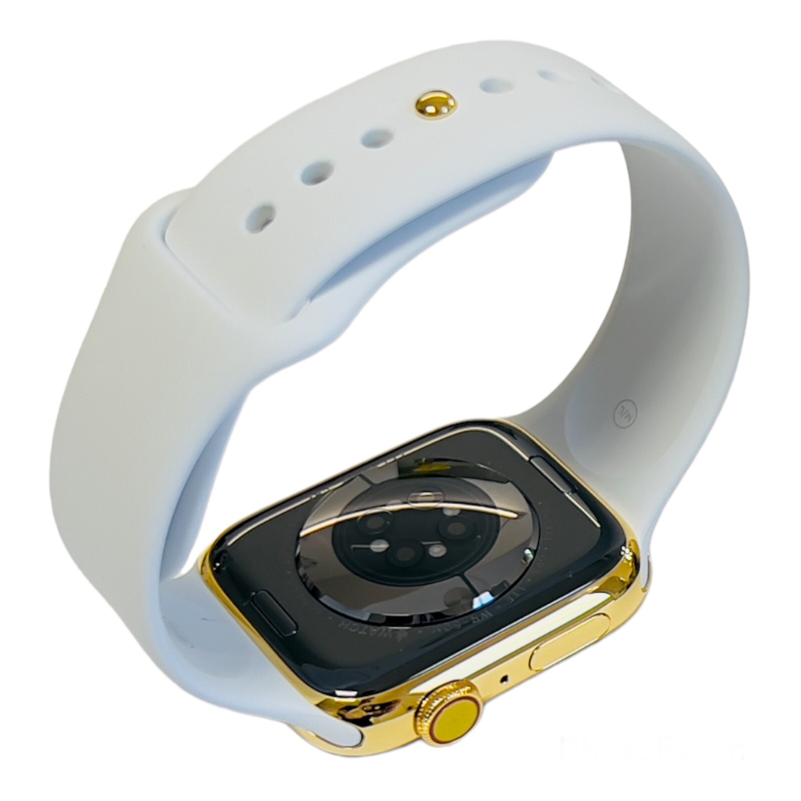 Custom 24K Gold Plated 45MM Apple Watch SERIES 8 White Sport Band Gold Dial
