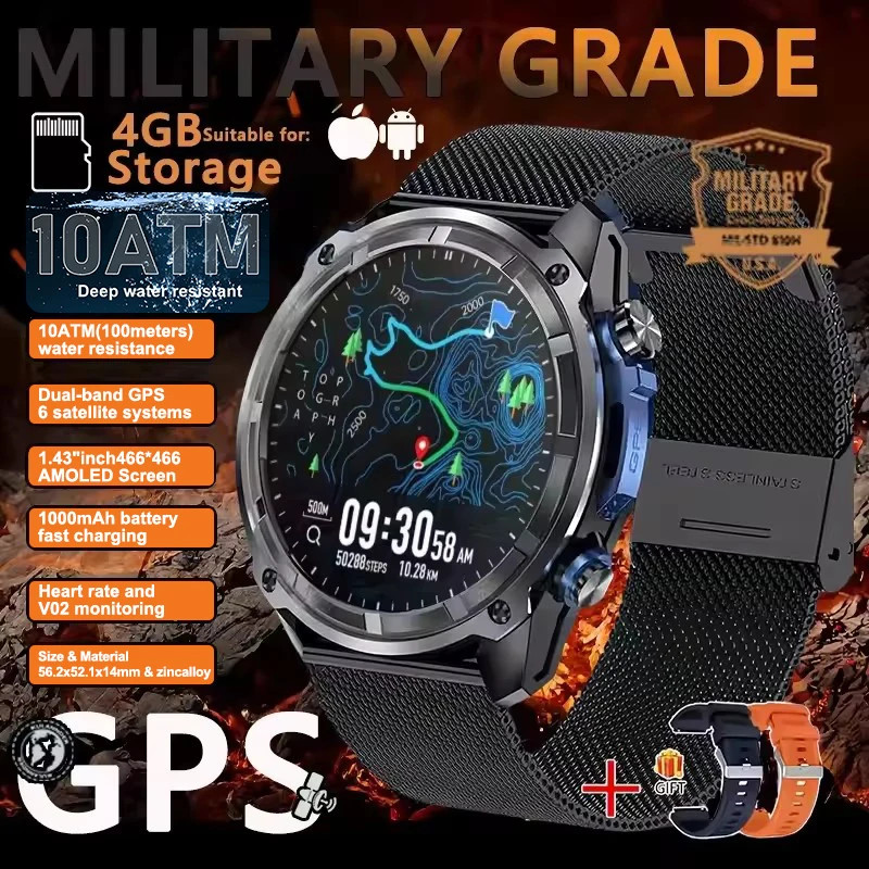 2025New Men Military GPS Map Smart Watch T-Rex3 Compass 4GB Memory 1000Mah Batte