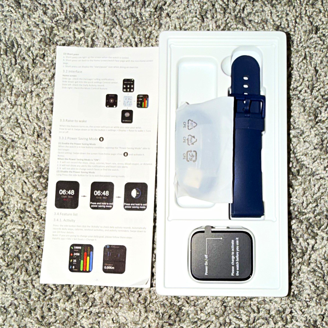 44mm Silver Metal Smartwatch Blue Silicone Band Bluetooth